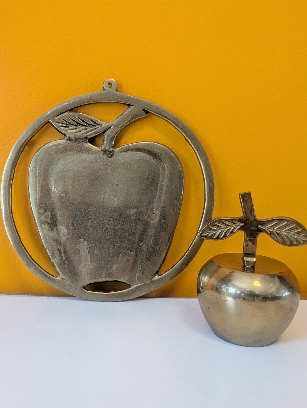 Vintage Brass Apple Trivet and Brass Apple Bell